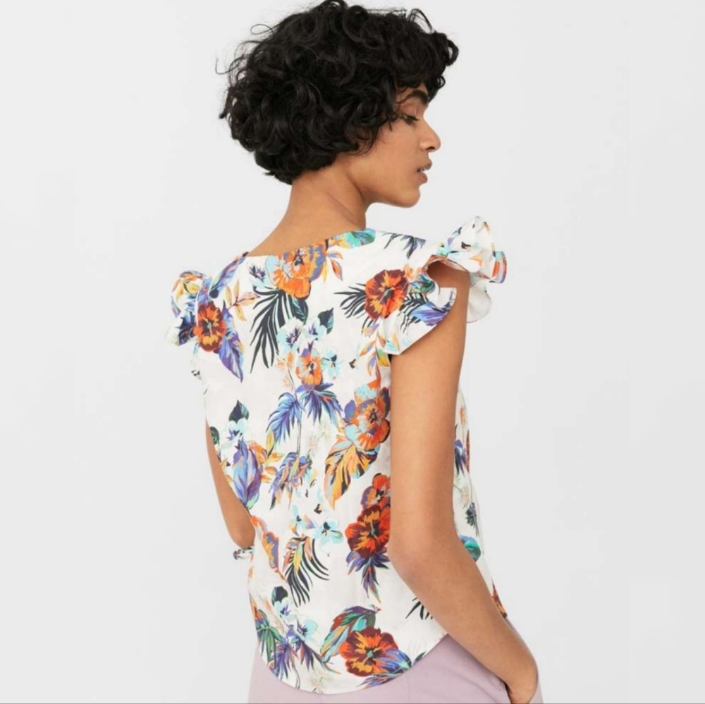 Mango Tropical Print Ruffle Cap Sleeve Cotton Top Ruched Side (Mango 6 = US S) - Picture 3 of 8